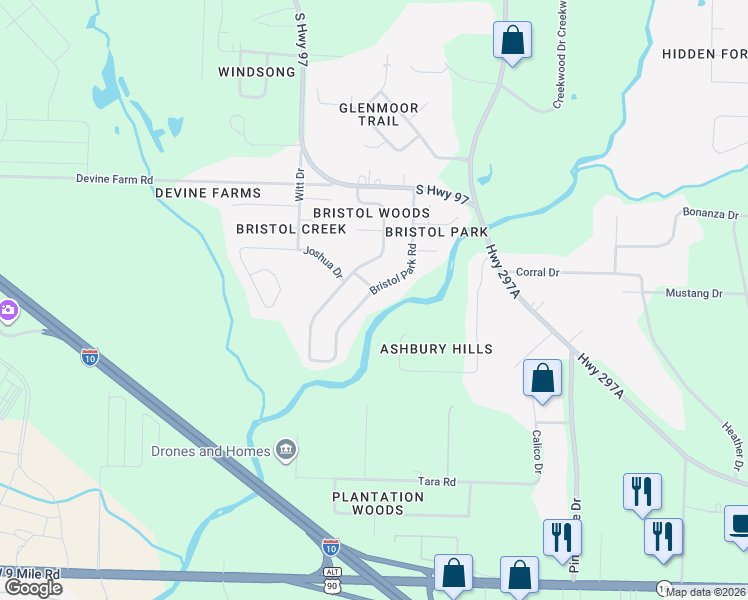 map of restaurants, bars, coffee shops, grocery stores, and more near 10060 Bristol Park Road in Escambia County
