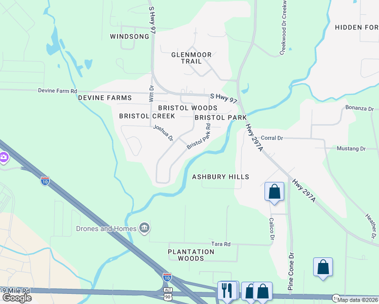 map of restaurants, bars, coffee shops, grocery stores, and more near 10060 Bristol Park Road in Cantonment