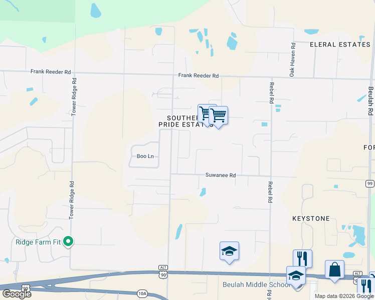 map of restaurants, bars, coffee shops, grocery stores, and more near 6690 Suwanee Road in Pensacola