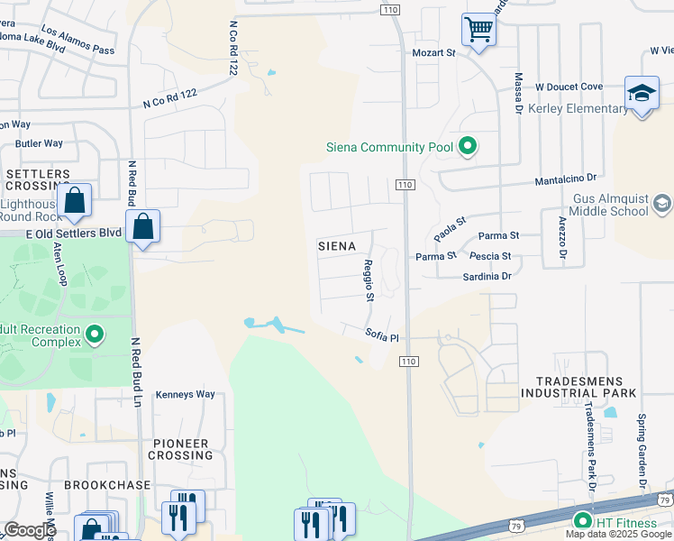 map of restaurants, bars, coffee shops, grocery stores, and more near 5633 Sambuco Street in Round Rock
