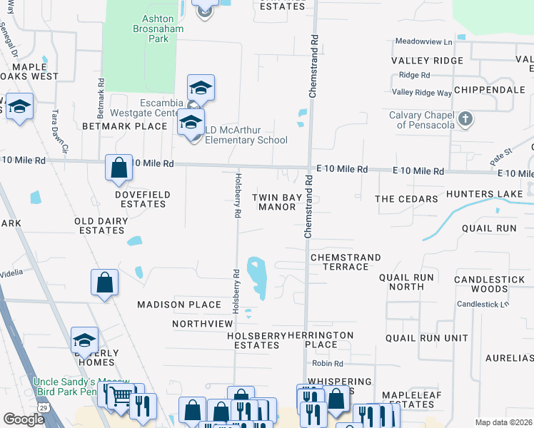 map of restaurants, bars, coffee shops, grocery stores, and more near 10194 Holsberry Rd in Pensacola