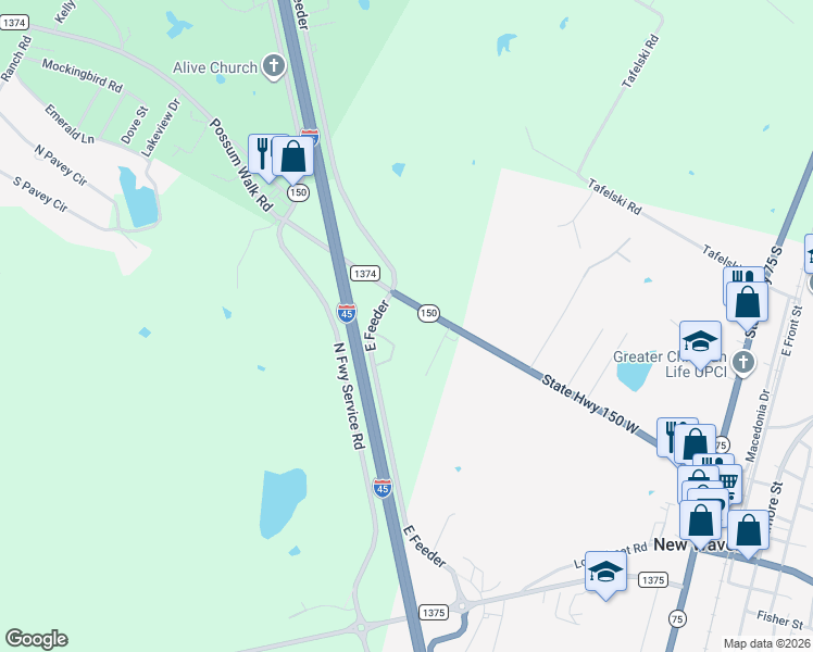 map of restaurants, bars, coffee shops, grocery stores, and more near 15 Colony Road in New Waverly