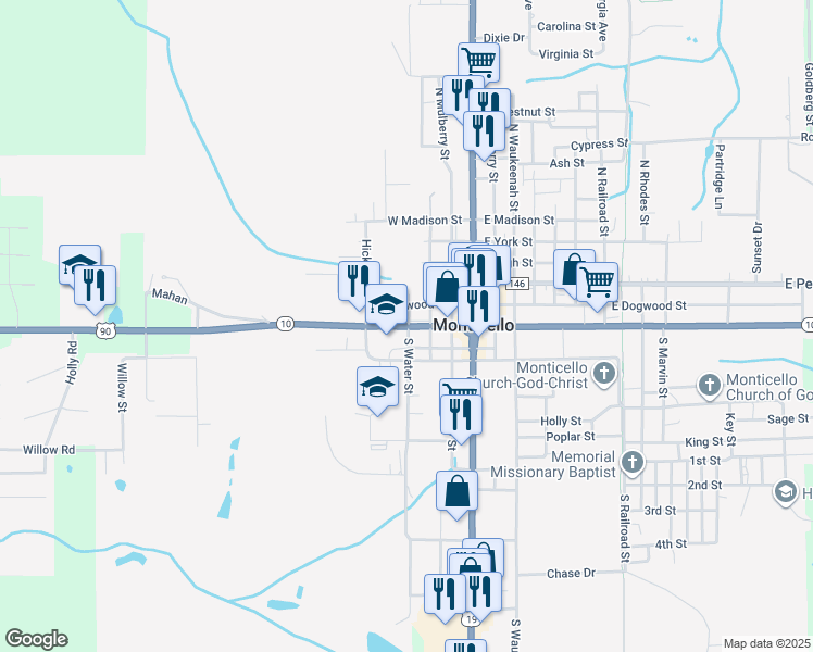 map of restaurants, bars, coffee shops, grocery stores, and more near 425 West Washington Street in Monticello