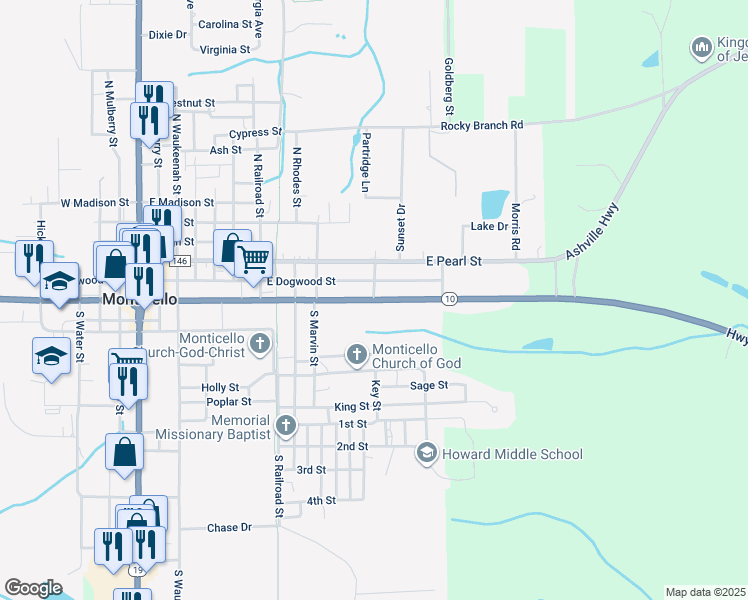 map of restaurants, bars, coffee shops, grocery stores, and more near East Washington Street in Monticello