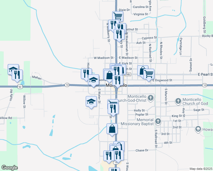 map of restaurants, bars, coffee shops, grocery stores, and more near 425 West Washington Street in Monticello