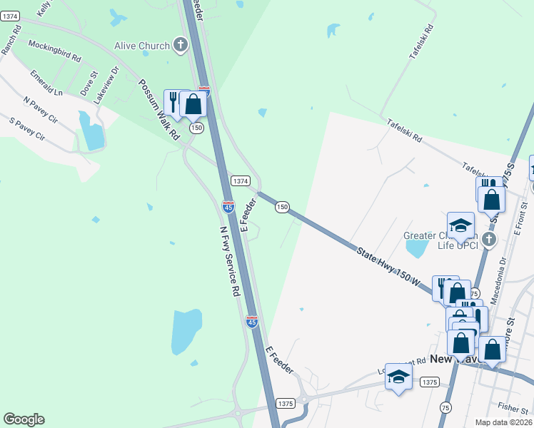 map of restaurants, bars, coffee shops, grocery stores, and more near 15 Colony Road in New Waverly