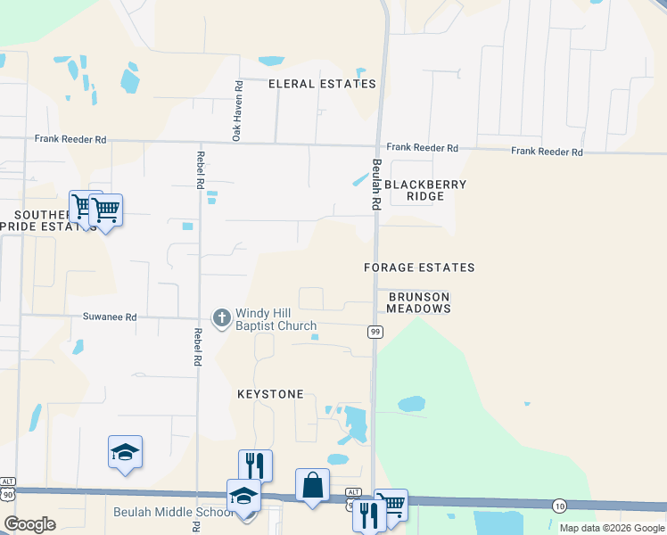map of restaurants, bars, coffee shops, grocery stores, and more near 9995 Beulah Road in Pensacola
