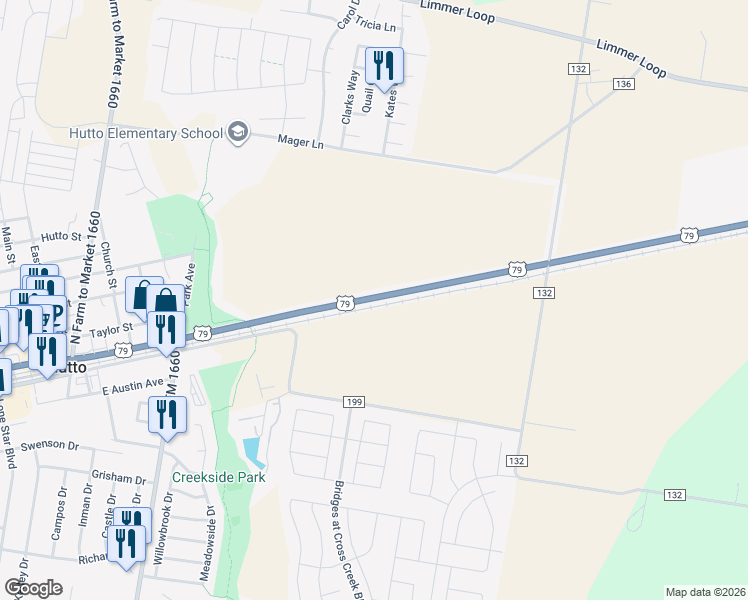 map of restaurants, bars, coffee shops, grocery stores, and more near 9039 U.S. 79 in Hutto