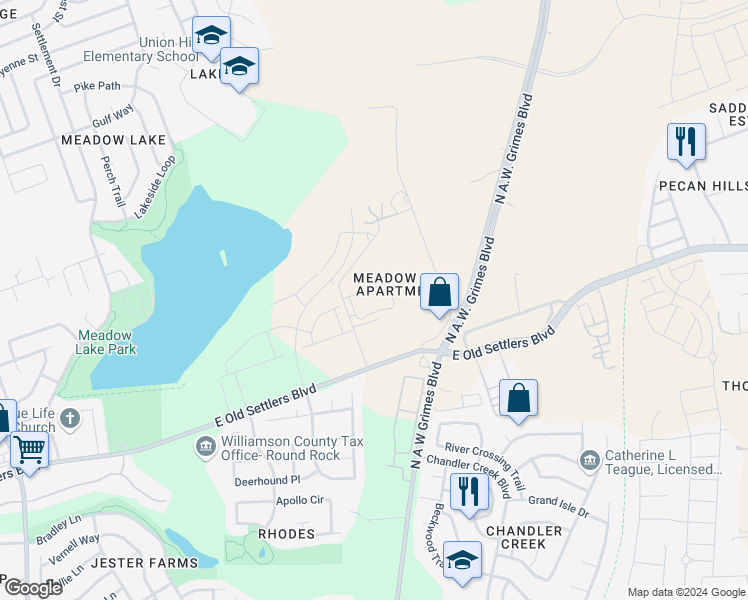 map of restaurants, bars, coffee shops, grocery stores, and more near 623 Kennings Ave in Round Rock