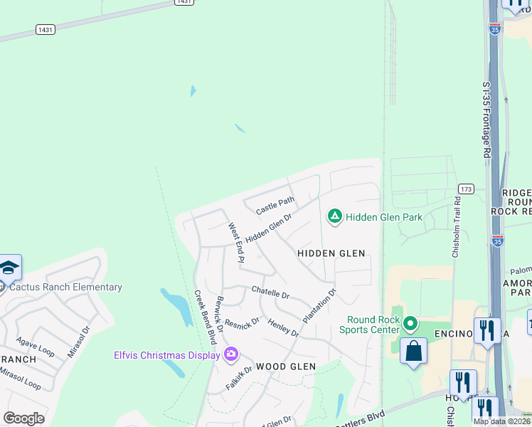 map of restaurants, bars, coffee shops, grocery stores, and more near 1129 Castle Pth in Round Rock