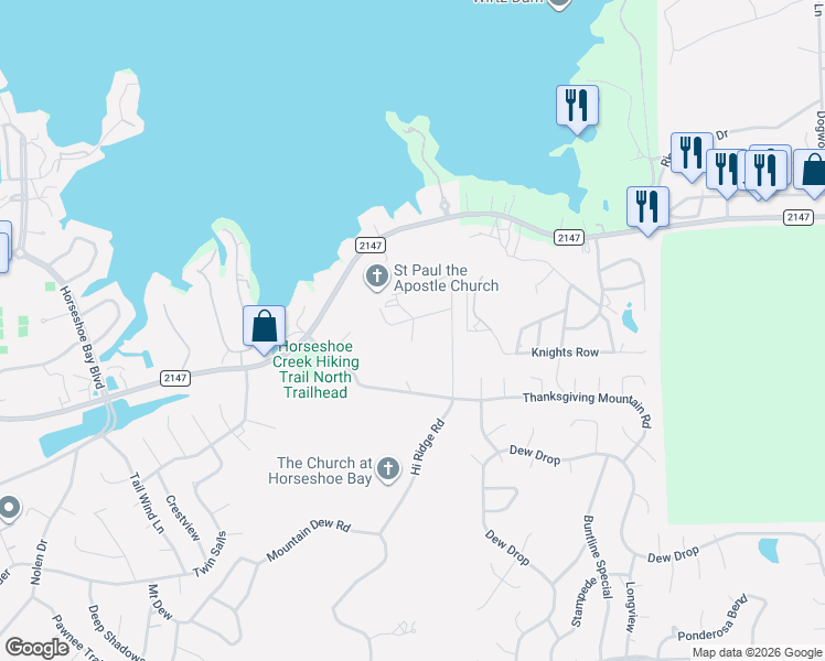 map of restaurants, bars, coffee shops, grocery stores, and more near 304 Hi Ridge Road in Marble Falls
