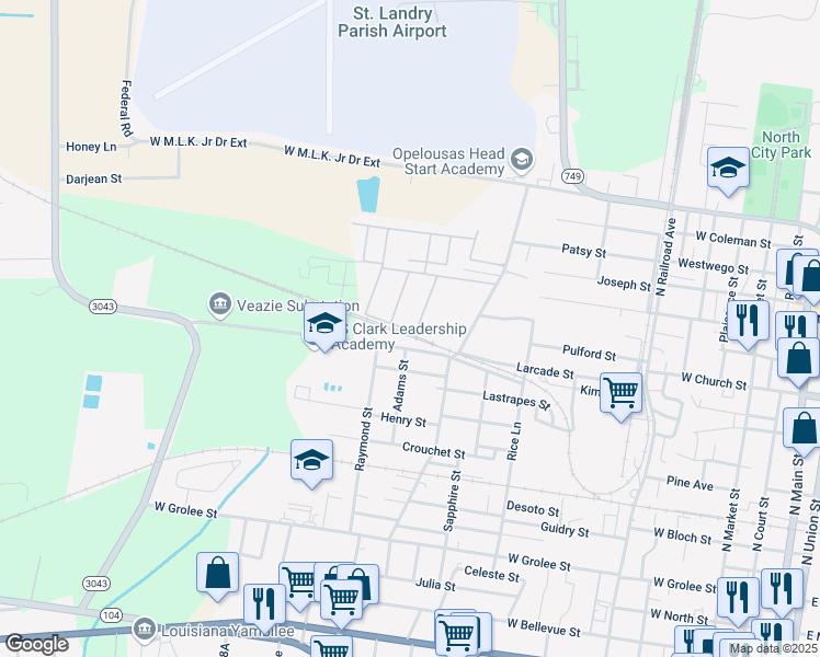 map of restaurants, bars, coffee shops, grocery stores, and more near 1001 Story Street in Opelousas