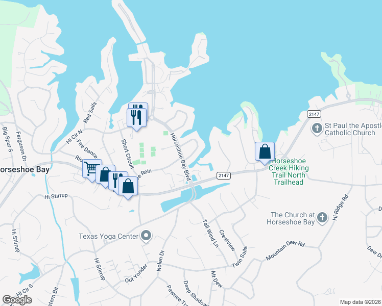 map of restaurants, bars, coffee shops, grocery stores, and more near 117 Bay Point Drive in Horseshoe Bay