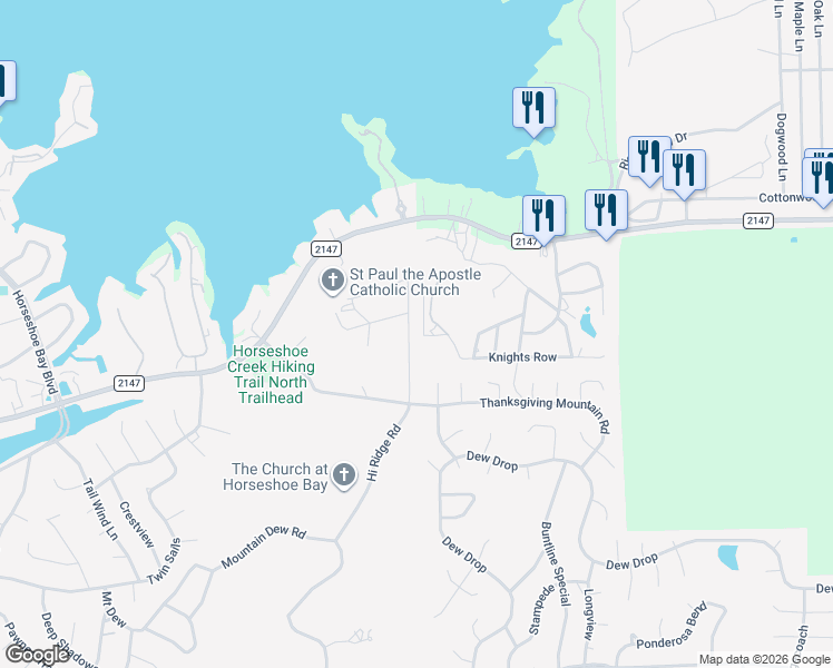map of restaurants, bars, coffee shops, grocery stores, and more near 205 Hi Ridge Road in Horseshoe Bay