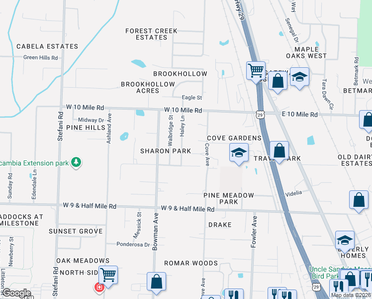 map of restaurants, bars, coffee shops, grocery stores, and more near 9152 Haley Lane in Pensacola