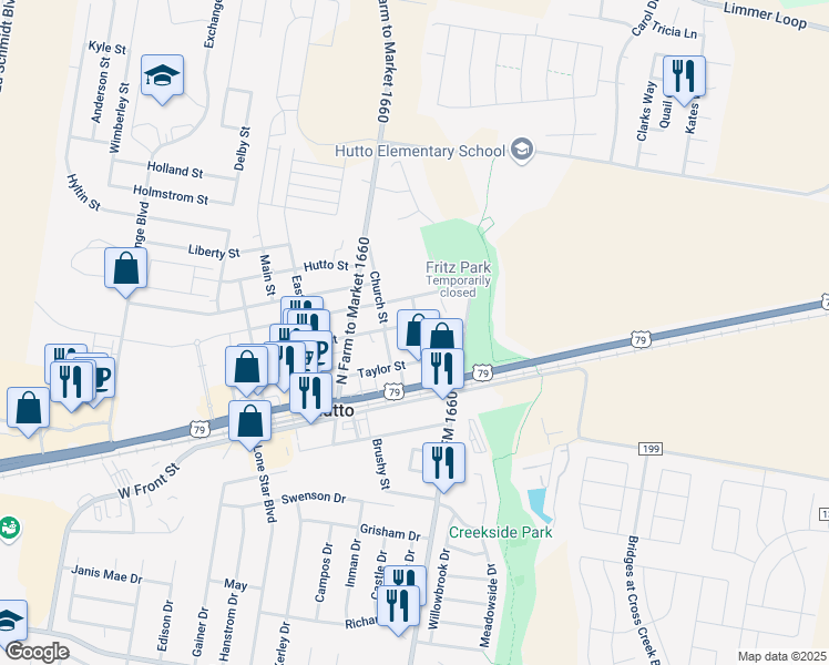 map of restaurants, bars, coffee shops, grocery stores, and more near 302A College Street in Hutto
