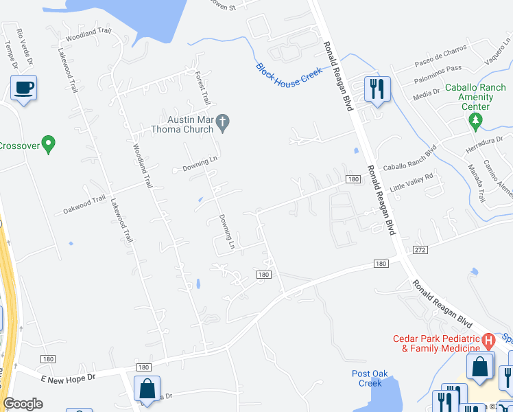 map of restaurants, bars, coffee shops, grocery stores, and more near 450 County Road 180 in Leander