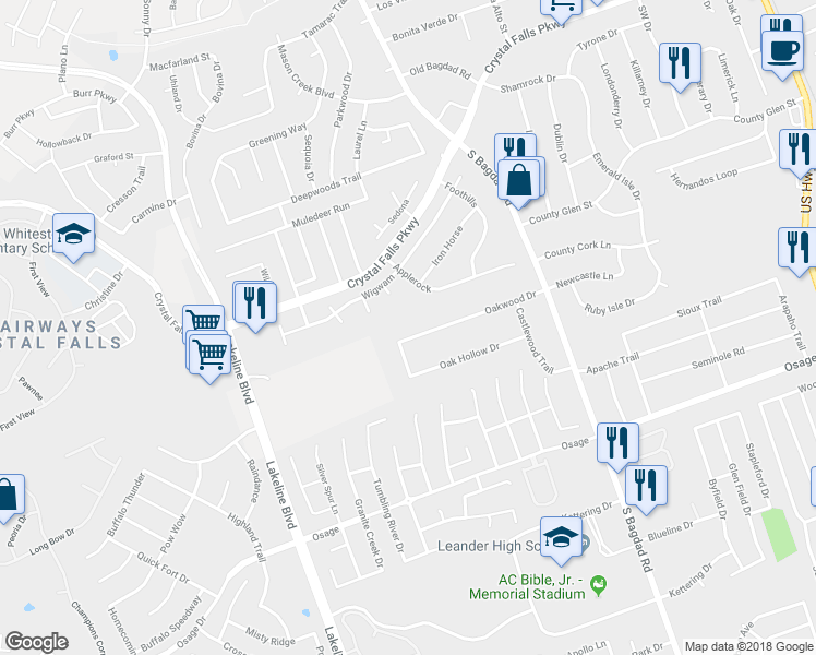 map of restaurants, bars, coffee shops, grocery stores, and more near 1207 Oakwood Drive in Leander
