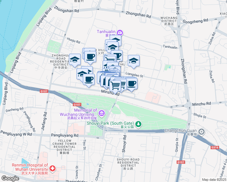 map of restaurants, bars, coffee shops, grocery stores, and more near 3 Yanzhi Road in Wuhan Shi