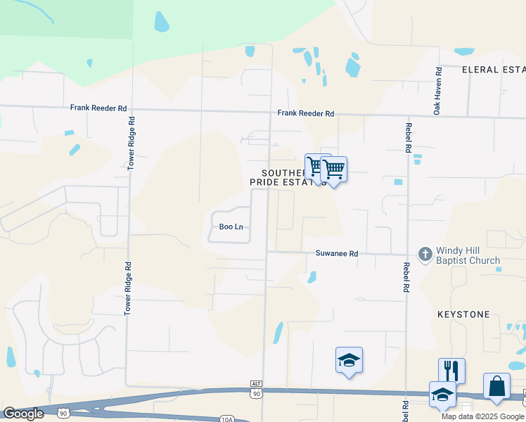 map of restaurants, bars, coffee shops, grocery stores, and more near 9711 Bridlewood Road in Pensacola