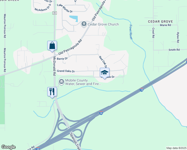 map of restaurants, bars, coffee shops, grocery stores, and more near White Oak Drive in Mobile County