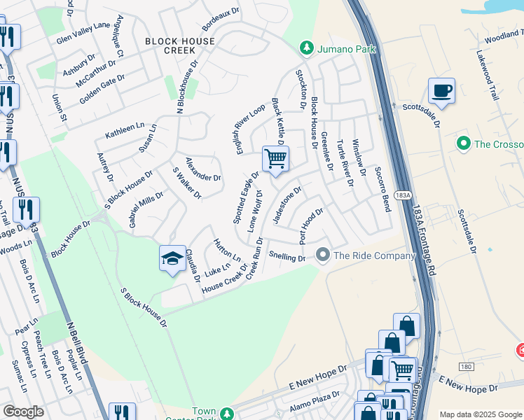 map of restaurants, bars, coffee shops, grocery stores, and more near 16415 Spotted Eagle Drive in Leander