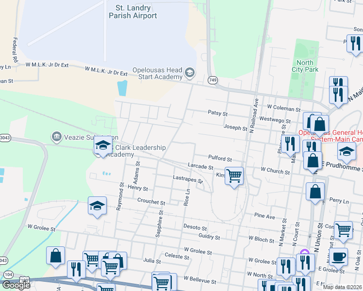 map of restaurants, bars, coffee shops, grocery stores, and more near 1116 Garland Avenue in Opelousas