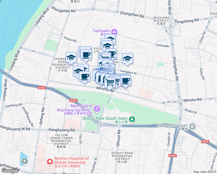 map of restaurants, bars, coffee shops, grocery stores, and more near 3 Yanzhi Road in Wuhan Shi