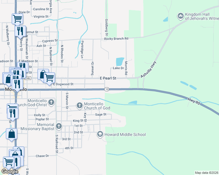map of restaurants, bars, coffee shops, grocery stores, and more near 1390 East Washington Street in Monticello
