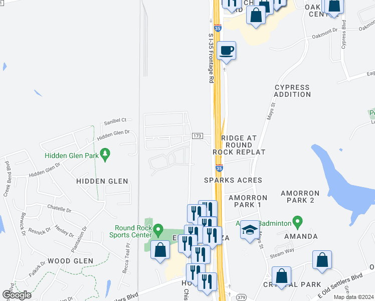 map of restaurants, bars, coffee shops, grocery stores, and more near 3100 Chisholm Trail Road in Round Rock