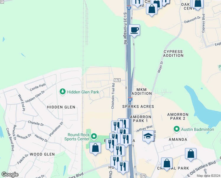 map of restaurants, bars, coffee shops, grocery stores, and more near 3100 Chisholm Trail Road in Round Rock