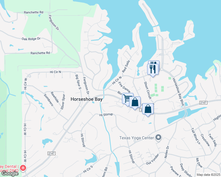 map of restaurants, bars, coffee shops, grocery stores, and more near 613 Hi Circle North in Horseshoe Bay