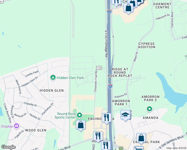 map of restaurants, bars, coffee shops, grocery stores, and more near 3100 Chisholm Trail Road in Round Rock
