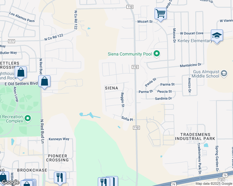 map of restaurants, bars, coffee shops, grocery stores, and more near 5616 Sacco Street in Round Rock
