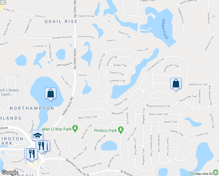 map of restaurants, bars, coffee shops, grocery stores, and more near 6607 Donerail Trail in Tallahassee