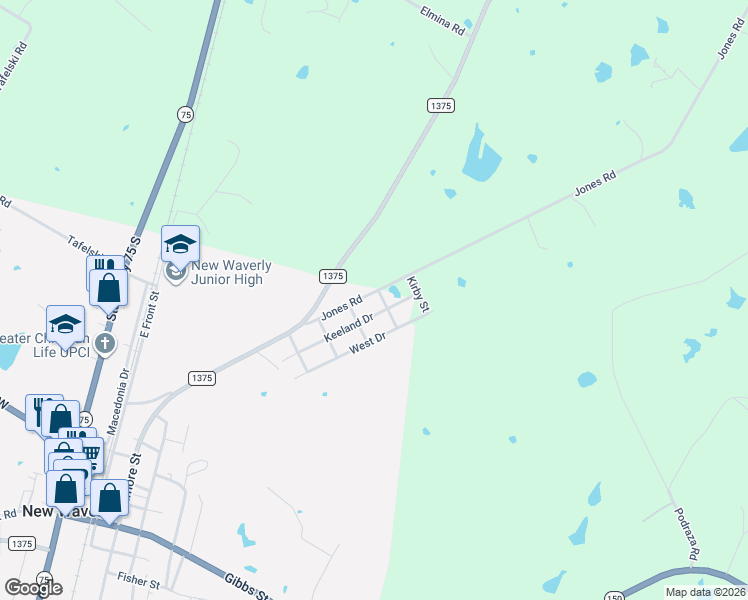 map of restaurants, bars, coffee shops, grocery stores, and more near 465 Jones Road in New Waverly