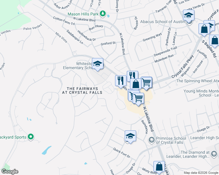 map of restaurants, bars, coffee shops, grocery stores, and more near 1765 Rowdy Loop in Leander
