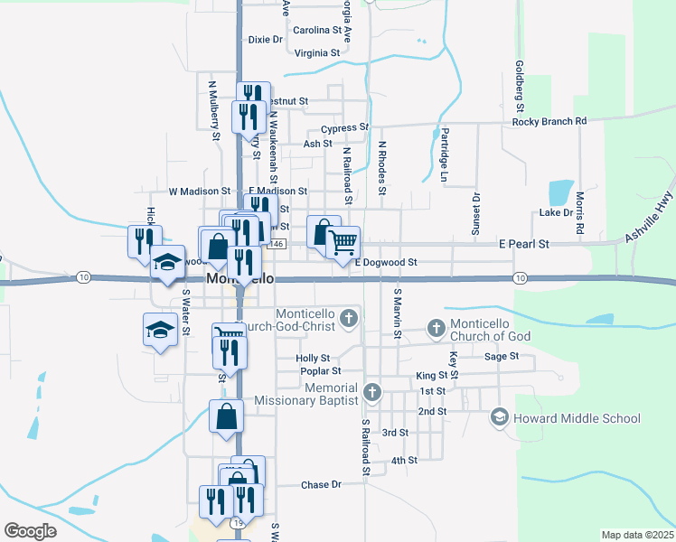 map of restaurants, bars, coffee shops, grocery stores, and more near 175 Railroad Street in Monticello