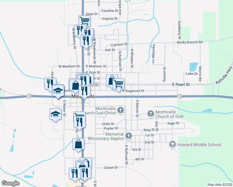 map of restaurants, bars, coffee shops, grocery stores, and more near 175 Railroad Street in Monticello