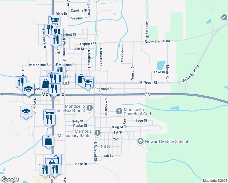 map of restaurants, bars, coffee shops, grocery stores, and more near 950 East Washington Street in Monticello