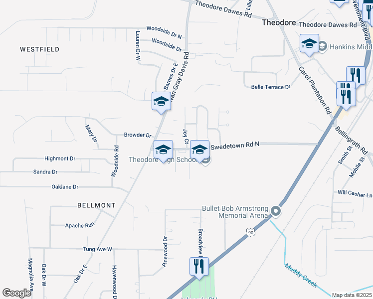 map of restaurants, bars, coffee shops, grocery stores, and more near 6201 Swedetown Rd in Theodore