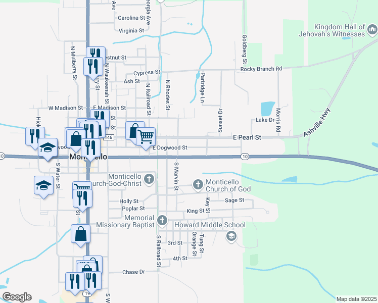 map of restaurants, bars, coffee shops, grocery stores, and more near 950 East Washington Street in Monticello