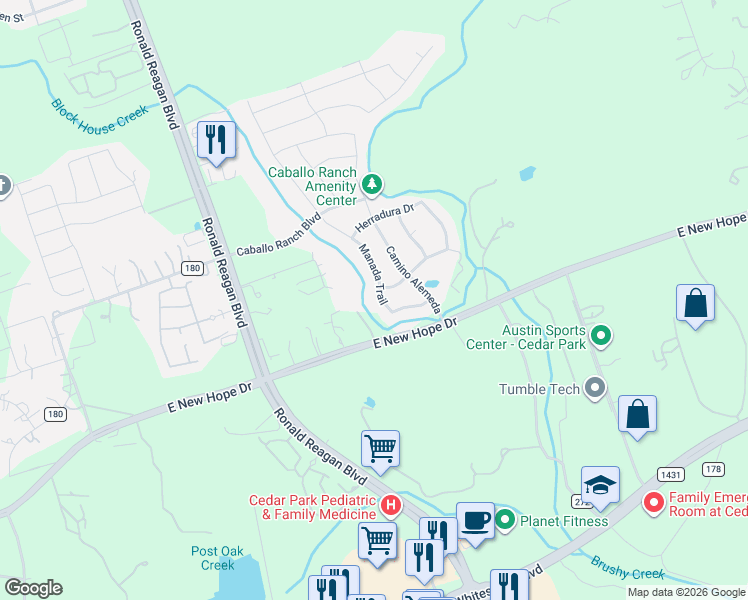 map of restaurants, bars, coffee shops, grocery stores, and more near 3100 Herrero Path in Leander