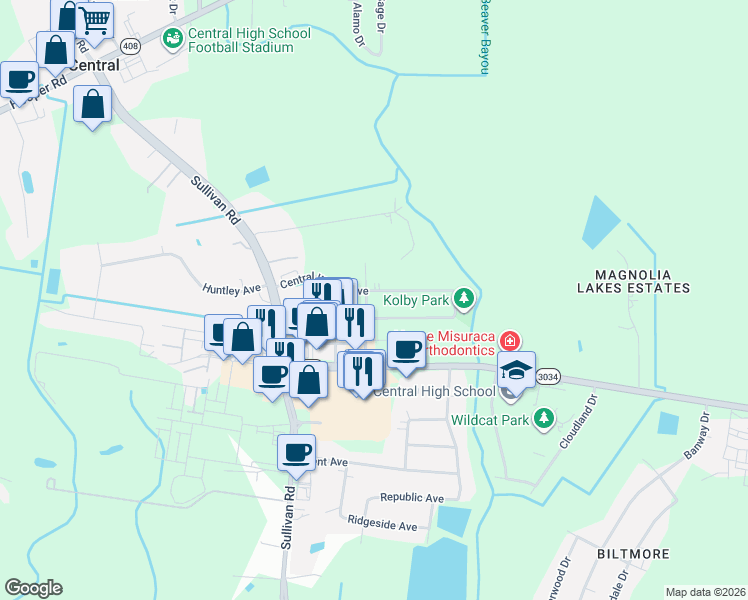 map of restaurants, bars, coffee shops, grocery stores, and more near 14815 Central Woods Avenue in Baton Rouge