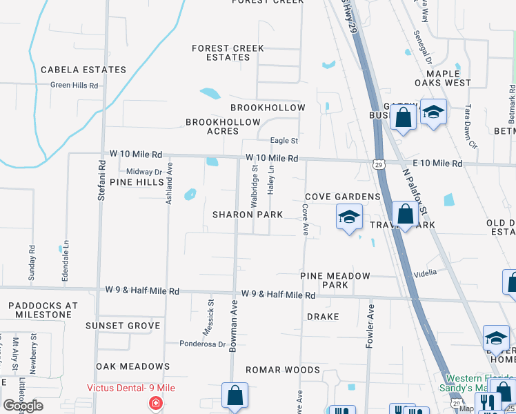 map of restaurants, bars, coffee shops, grocery stores, and more near 10261 Walbridge Street in Pensacola