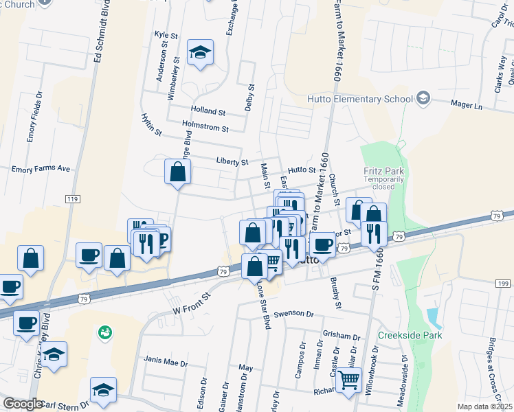 map of restaurants, bars, coffee shops, grocery stores, and more near 305 West Metcalfe Street in Hutto