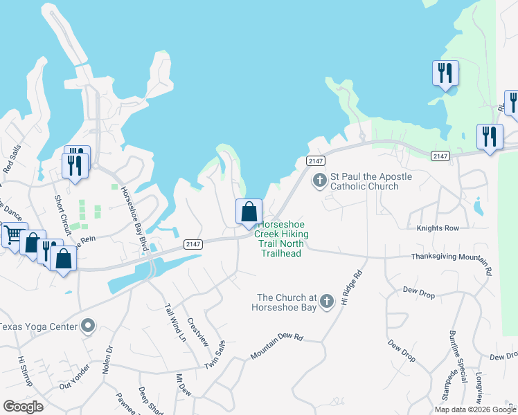 map of restaurants, bars, coffee shops, grocery stores, and more near 102 Bunny Run Lane in Horseshoe Bay