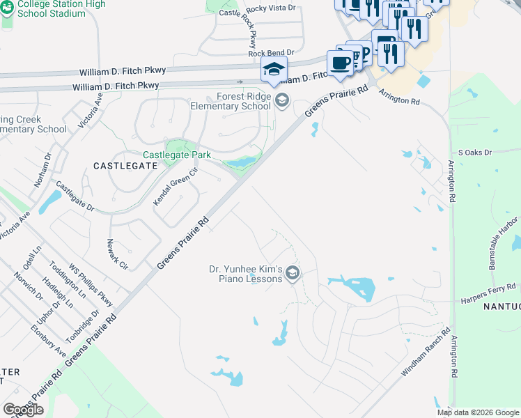 map of restaurants, bars, coffee shops, grocery stores, and more near 2265 Greens Prairie Road in College Station