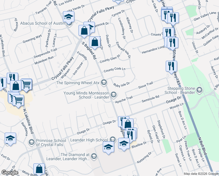 map of restaurants, bars, coffee shops, grocery stores, and more near 714 Ruby Isle Drive in Leander