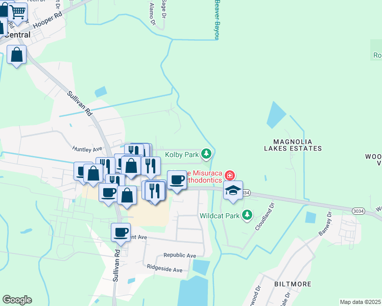 map of restaurants, bars, coffee shops, grocery stores, and more near 14835 Central Woods Avenue in Baton Rouge